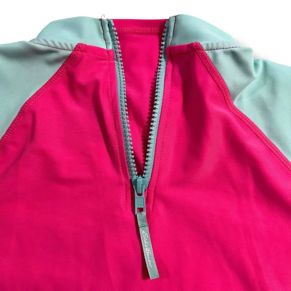 Eddie Bauer Girls Swimsuit Rashguard Top Short Sleeve Pullover Pink Green Medium